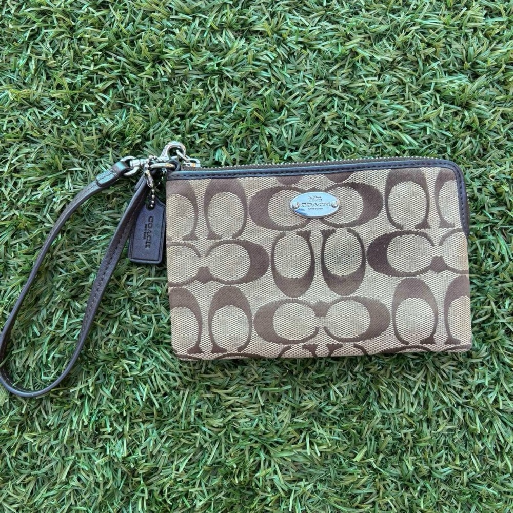 Coach Brown/Tan Signature Canvas Wristlet with Leather Strap